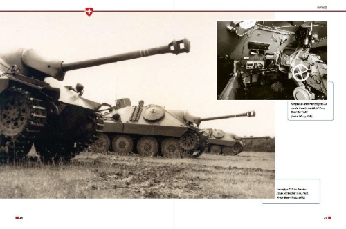 Buchcover und Innenansicht für das Buch: Panzerfahrzeuge der Schweizer Armee