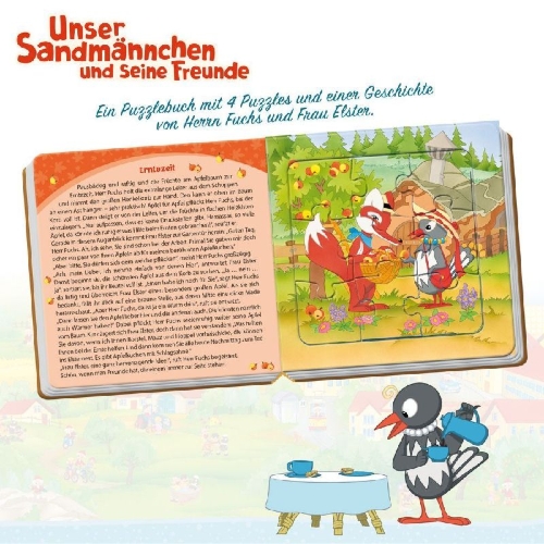 Buchcover und Innenansicht für das Buch: Trötsch Unser Sandmännchen Puzzlebuch mit 4 Puzzle Fuchs und Elster