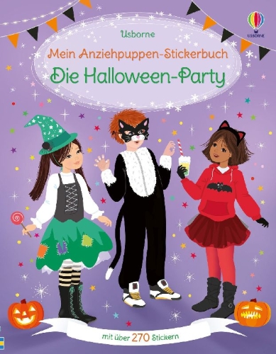 Buchcover und Innenansicht für das Buch: Mein Anziehpuppen-Stickerbuch: Die Halloween-Party