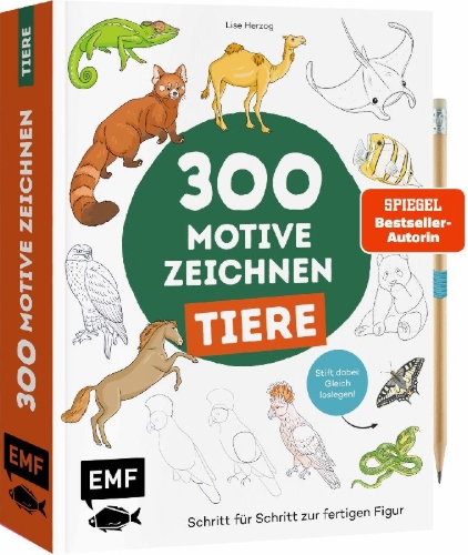 Buchcover und Innenansicht für das Buch: Mes 300 modèles à dessiner en pas à pas animaux