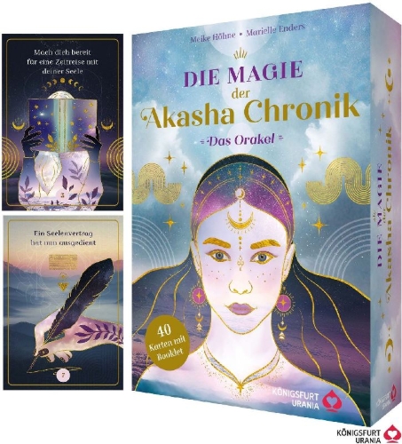 Buchcover und Innenansicht für das Buch: Die Magie der Akasha Chronik - Das Orakel - 40 Orakelkarten und 160-seitiges Booklet