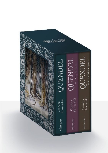 Buchcover und Innenansicht für das Buch: Quendel. Die Hügelland-Saga: Sprachgewaltige Fantasy im prachtvollen Schuber mit Silberfolienveredelung und Plakat mit Hügellandkarte