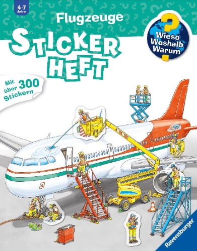 Buchcover und Innenansicht für das Buch: Wieso? Weshalb? Warum? Stickerheft - Flugzeuge