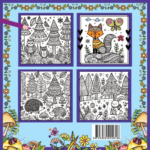 Buchcover und Innenansicht für das Buch: Mandala Malbuch für Kinder ab 8 Jahren und Erwachsene - Zauberwald Ausmalbuch mit süßen Waldtieren wie Fuchs + Igel + Hase + Eichhörnchen und Eulen