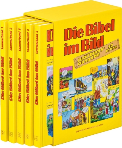 Buchcover und Innenansicht für das Buch: Comic-Reihe "Die Bibel im Bild". 50 Jahre-Jubiläumsausgabe. Kinderbuch-Klassiker ab 8 Jahren mit Geschichten aus dem Alten und Neuen Testament als Comics. 5 Sammelbände im Schuber