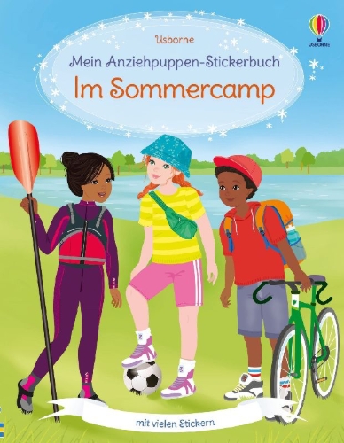 Buchcover und Innenansicht für das Buch: Mein Anziehpuppen-Stickerbuch: Im Sommercamp