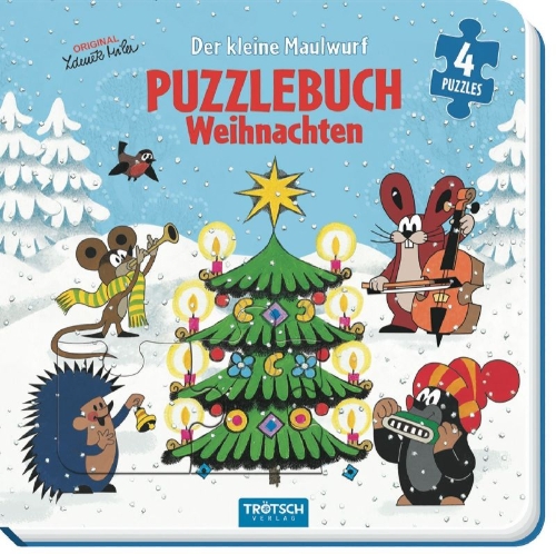 Buchcover und Innenansicht für das Buch: Trötsch Der kleine Maulwurf Puzzlebuch mit 4 Puzzle Weihnachten