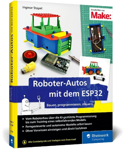 Buchcover und Innenansicht für das Buch: Roboter-Autos mit dem ESP32