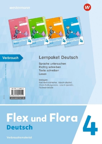 Buchcover und Innenansicht für das Buch: Flex und Flora 4. Lernpaket Deutsch (Druckschrift) Verbrauchsmaterial