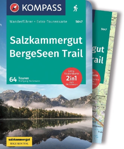 Buchcover und Innenansicht für das Buch: KOMPASS Wanderführer Salzkammergut BergeSeen Trail, 61 Touren mit Extra-Tourenkarte
