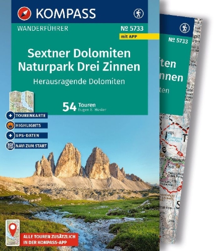 Buchcover und Innenansicht für das Buch: KOMPASS Wanderführer Sextner Dolomiten, Naturpark Drei Zinnen - Herausragende Dolomiten, 50 Touren mit Extra-Tourenkarte