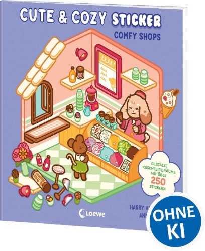 Buchcover und Innenansicht für das Buch: Cute & Cozy Sticker Rooms - Comfy Shops
