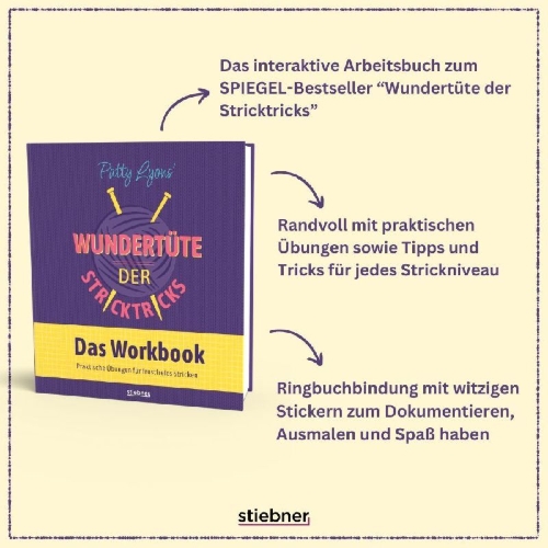 Buchcover und Innenansicht für das Buch: Patty Lyons' Wundertüte der Stricktricks - Das Workbook