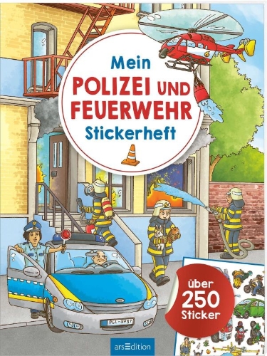Buchcover und Innenansicht für das Buch: Mein Polizei- und Feuerwehr-Stickerheft