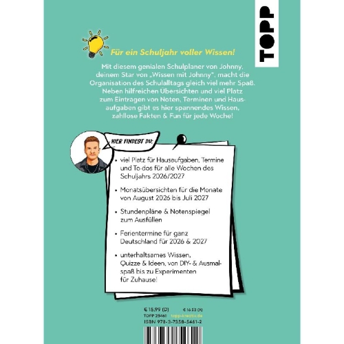 Buchcover und Innenansicht für das Buch: Wissen mit Johnny: Schulplaner 2026/2027