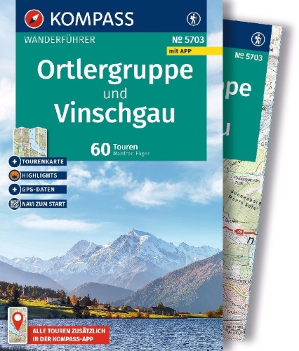 Buchcover und Innenansicht für das Buch: KOMPASS Wanderführer Ortlergruppe und Vinschgau, 60 Touren mit Extra-Tourenkarte