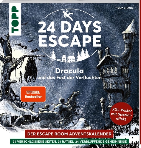 Buchcover und Innenansicht für das Buch: 24 DAYS ESCAPE - Der Escape Room Adventskalender: Dracula und das Fest der Verfluchten. SPIEGEL Bestseller