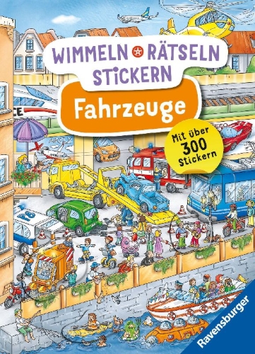 Buchcover und Innenansicht für das Buch: Wimmeln, Rätseln, Stickern: Fahrzeuge