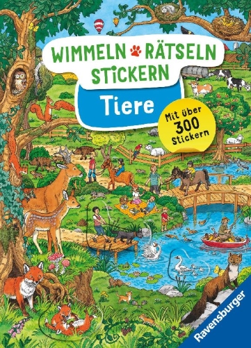 Buchcover und Innenansicht für das Buch: Wimmeln, Rätseln, Stickern: Tiere