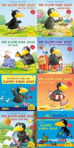 Buchcover und Innenansicht für das Buch: Pixi-8er-Set 193: Der kleine Rabe Socke mit Stickern (8x1 Exemplar)