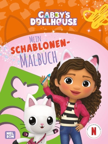 Buchcover und Innenansicht für das Buch: Gabby's Dollhouse: Mein Schablonen-Malbuch