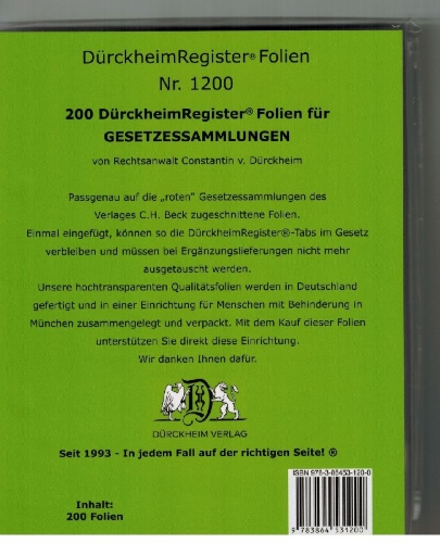 Buchcover und Innenansicht für das Buch: 200 DürckheimRegister®-FOLIEN für STEUERGESETZE, SCHÖNFELDER u.a; zum Einheften und Unterteilen der roten Gesetzessammlungen