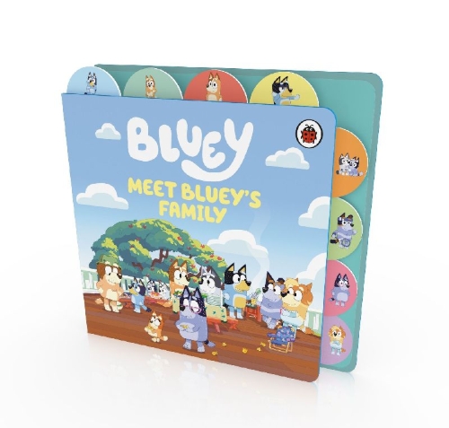 Buchcover und Innenansicht für das Buch: Bluey: Meet Bluey's Family: Tabbed Board Book