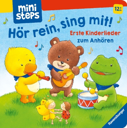 Buchcover und Innenansicht für das Buch: ministeps: Hör rein, sing mit! Erste Kinderlieder zum Anhören.