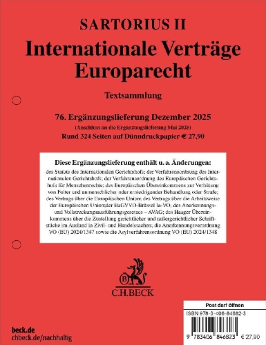 Buchcover und Innenansicht für das Buch: Sartorius II. Internationale Verträge, Europarecht  76. Ergänzungslieferung