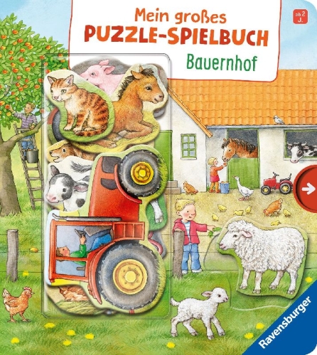 Buchcover und Innenansicht für das Buch: Mein großes Puzzle-Spielbuch Bauernhof