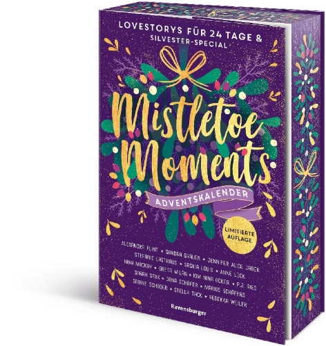 Buchcover und Innenansicht für das Buch: Mistletoe Moments. Ein Adventskalender. Lovestorys für 24 Tage plus Silvester-Special