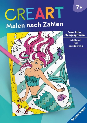 Buchcover und Innenansicht für das Buch: CreArt Malen nach Zahlen ab 7: Feen, Elfen, Meerjungfrauen