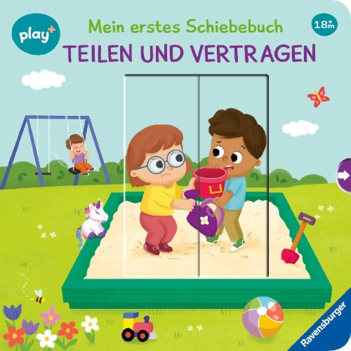 Buchcover und Innenansicht für das Buch: Play+ Mein erstes Schiebebuch Teilen und vertragen - ab 18 Monate
