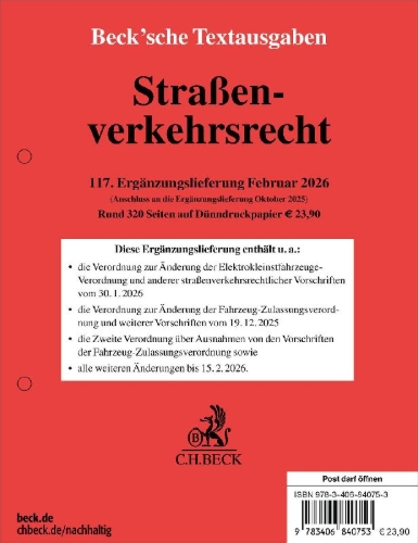 Buchcover und Innenansicht für das Buch: Straßenverkehrsrecht  117. Ergänzungslieferung