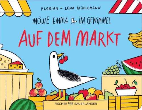 Buchcover und Innenansicht für das Buch: Möwe Emma im Gewimmel: Auf dem Markt