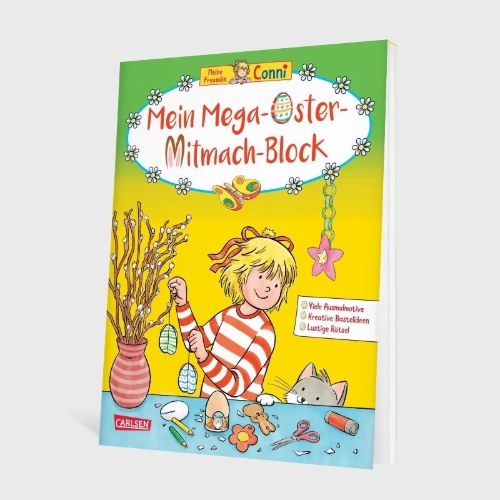 Buchcover und Innenansicht für das Buch: Conni Gelbe Reihe (Beschäftigungsbuch): Mein Mega-Oster-Mitmach-Block