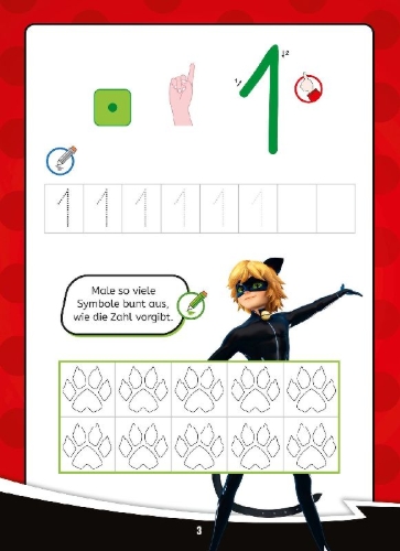 Buchcover und Innenansicht für das Buch: Miraculous - Mein Vorschulblock Zählen und Rechnen