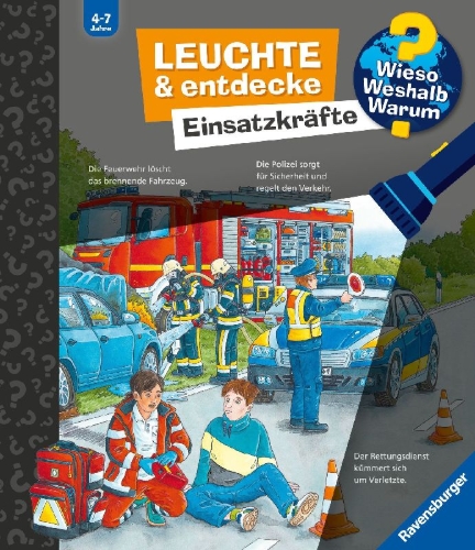 Buchcover und Innenansicht für das Buch: Wieso? Weshalb? Warum? Leuchte und entdecke - Einsatzkräfte
