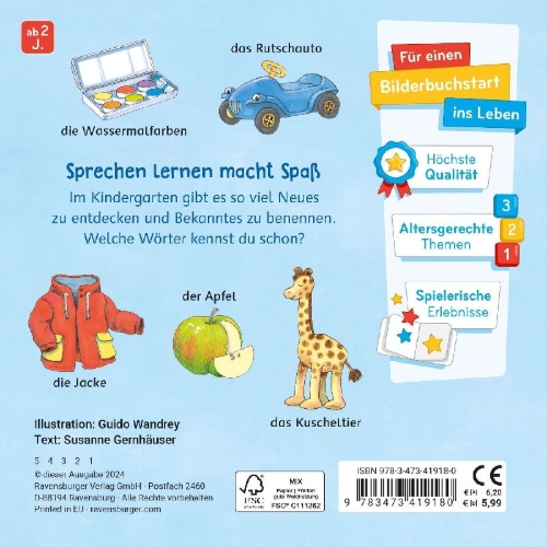 Buchcover und Innenansicht für das Buch: Mein Bilder-Wörterbuch: Im Kindergarten