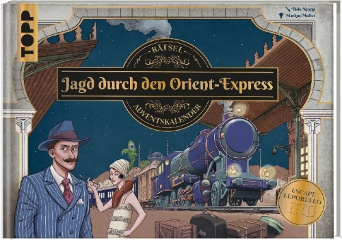 Buchcover und Innenansicht für das Buch: Jagd durch den Orient-Express - Rätsel-Adventskalender