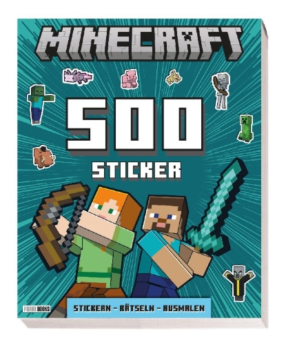 Buchcover und Innenansicht für das Buch: Minecraft: 500 Sticker- Stickern - Rätseln - Ausmalen