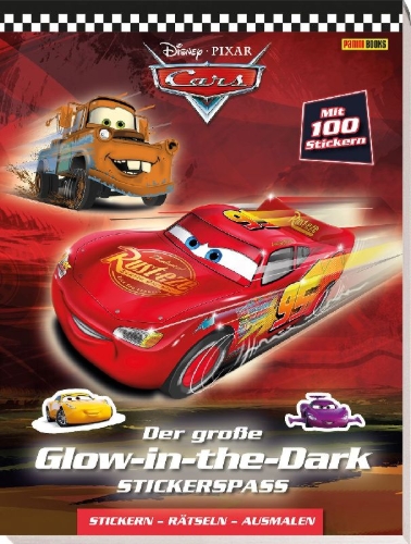 Buchcover und Innenansicht für das Buch: Disney Cars: Der große Glow-in-the-Dark-Stickerspaß: Stickern - Rätseln - Ausmalen