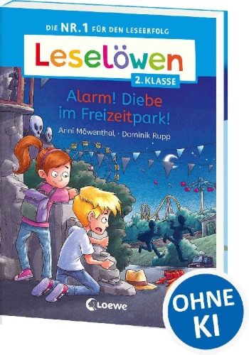Buchcover und Innenansicht für das Buch: Leselöwen 2. Klasse - Alarm! Diebe im Freizeitpark!