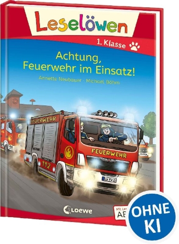Buchcover und Innenansicht für das Buch: Leselöwen 1. Klasse - Achtung, Feuerwehr im Einsatz!