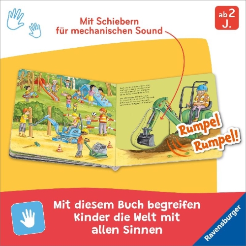 Buchcover und Innenansicht für das Buch: Spielen, hören, staunen - Baustelle