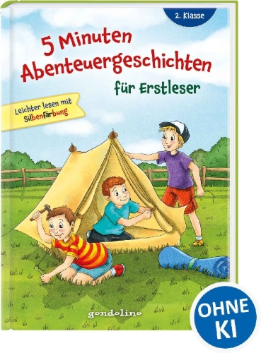 Buchcover und Innenansicht für das Buch: 5 Minuten Abenteuergeschichten für Erstleser, 2. Klasse - Leichter lesen mit Silbenfärbung