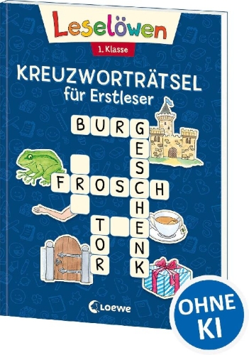 Buchcover und Innenansicht für das Buch: Leselöwen Kreuzworträtsel für Erstleser - 1. Klasse (Marineblau)