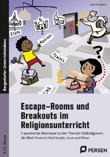 Buchcover und Innenansicht für das Buch: Escape-Rooms und Breakouts im Religionsunterricht