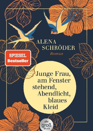 Buchcover und Innenansicht für das Buch: Junge Frau, am Fenster stehend, Abendlicht, blaues Kleid