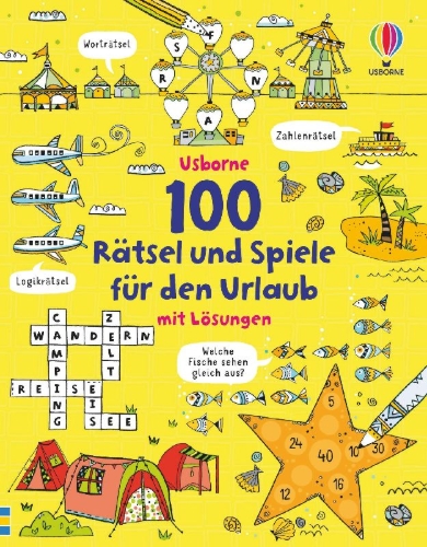 Buchcover und Innenansicht für das Buch: 100 Rätsel und Spiele für den Urlaub